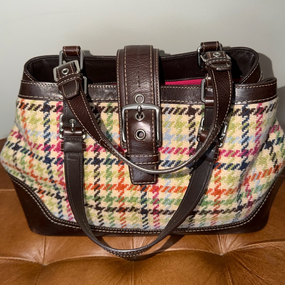 Coach Multicolor Plaid Shoulder Bag with Brown Leather